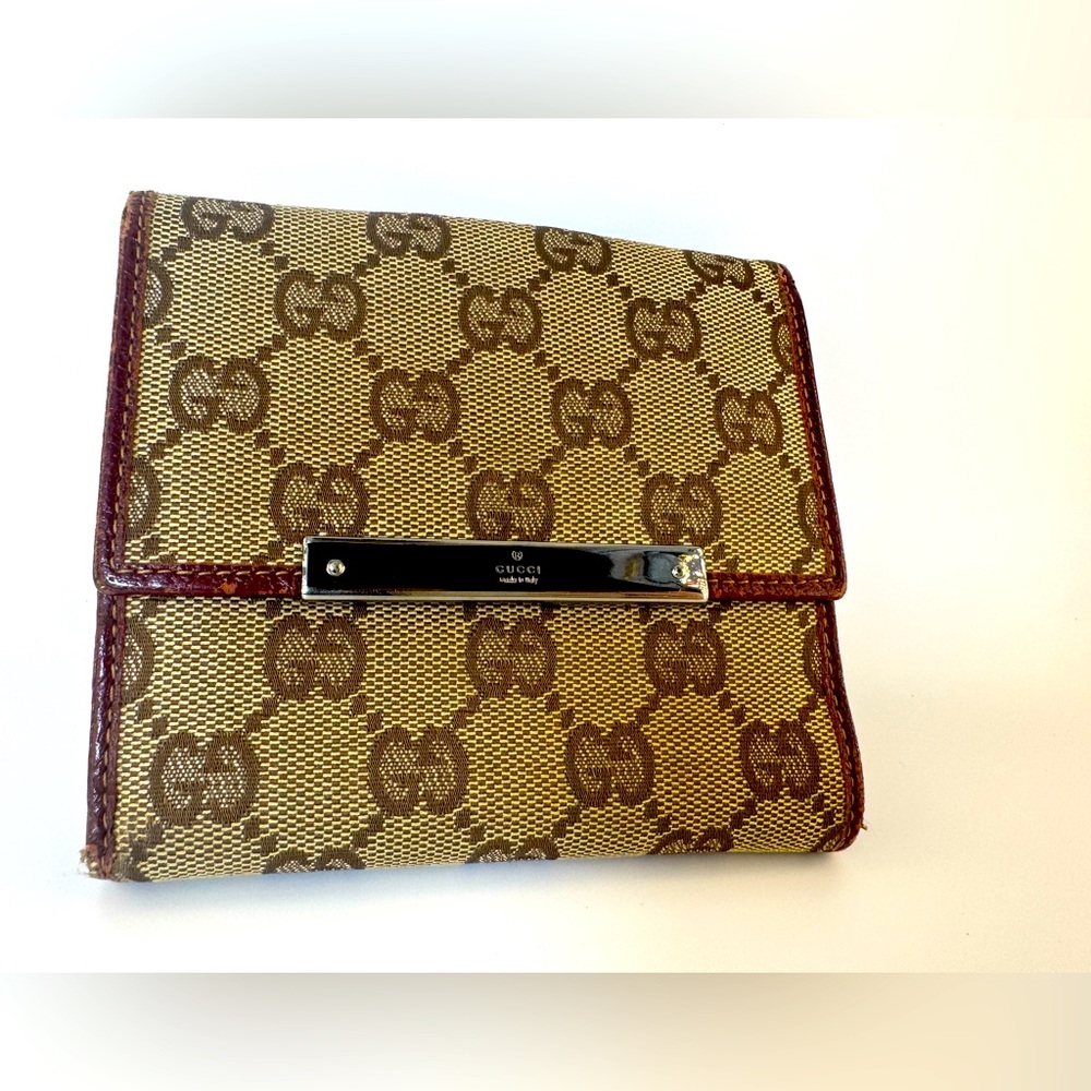 Gucci Wallet GG Supreme Bifold with Oxblood Leather & Logo Bar Plaque Authentic - Picture 6 of 16
